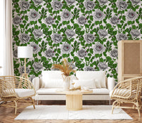 Multiple white roses with intricate line work on floral wallpaper., GD10398