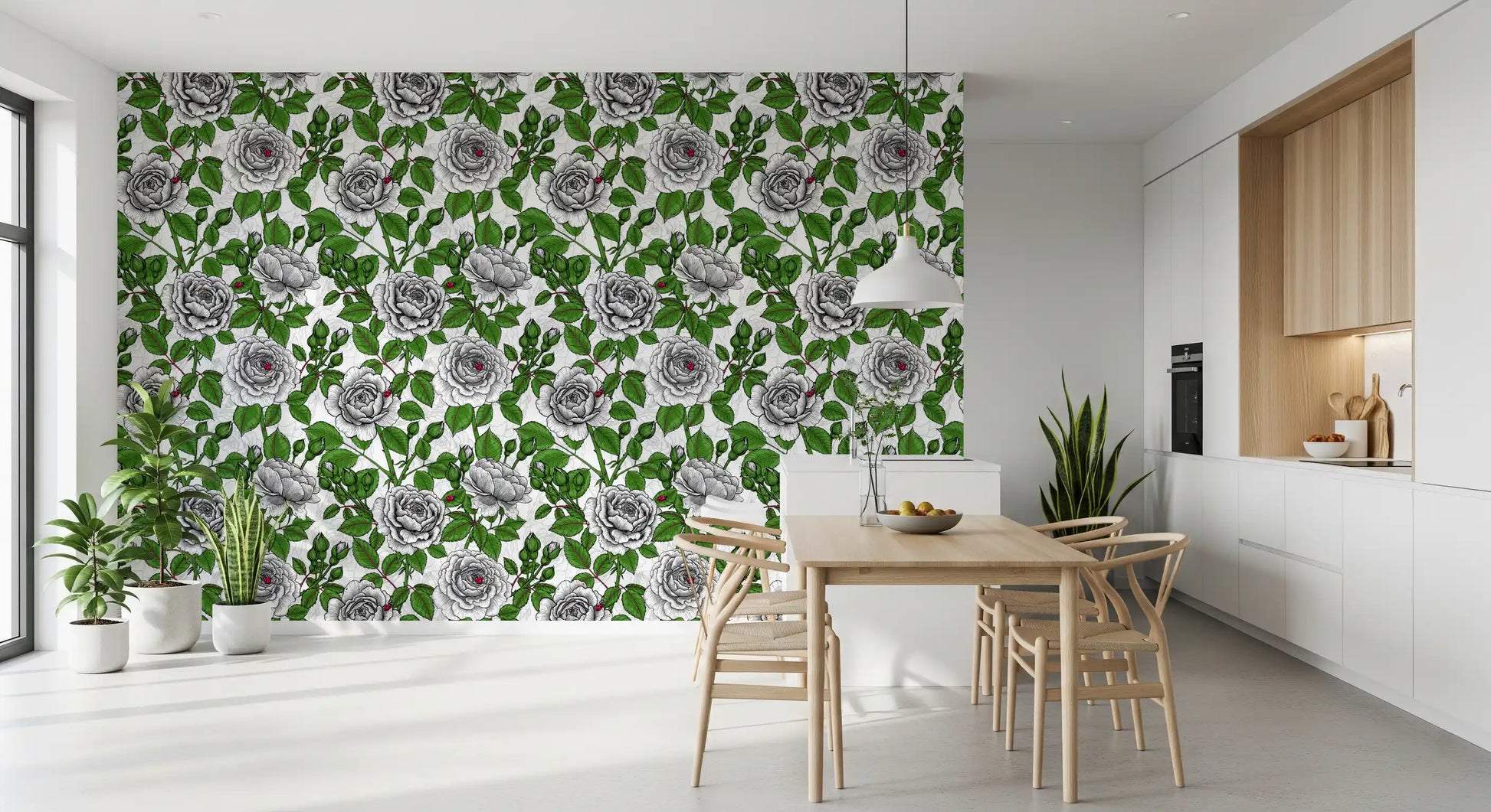 Dining room wallpaper showing Small red ladybirds resting on grey and white rose petals., GD10398