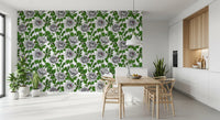 Dining room wallpaper showing Small red ladybirds resting on grey and white rose petals., GD10398