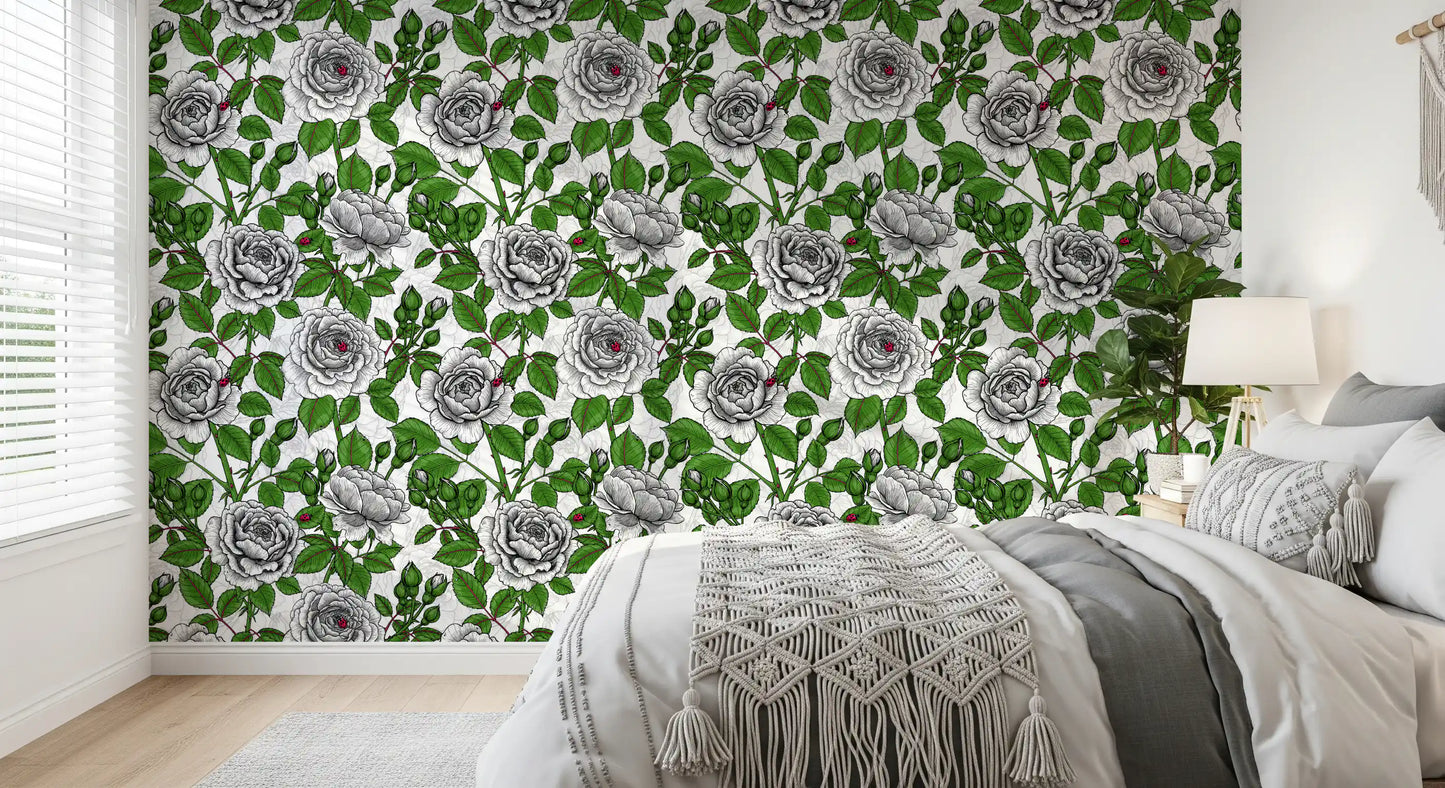 White rose blooms wallpaper with Bright green leaves and red stems in bedroom., GD10398