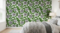 White rose blooms wallpaper with Bright green leaves and red stems in bedroom., GD10398