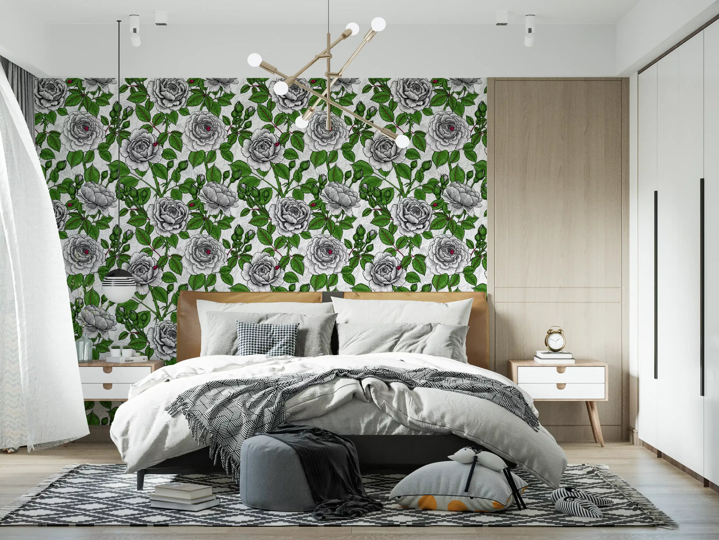 White rose garden wallpaper applied in a bedroom setting with green tone., GD10398
