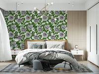 White rose garden wallpaper applied in a bedroom setting with green tone., GD10398