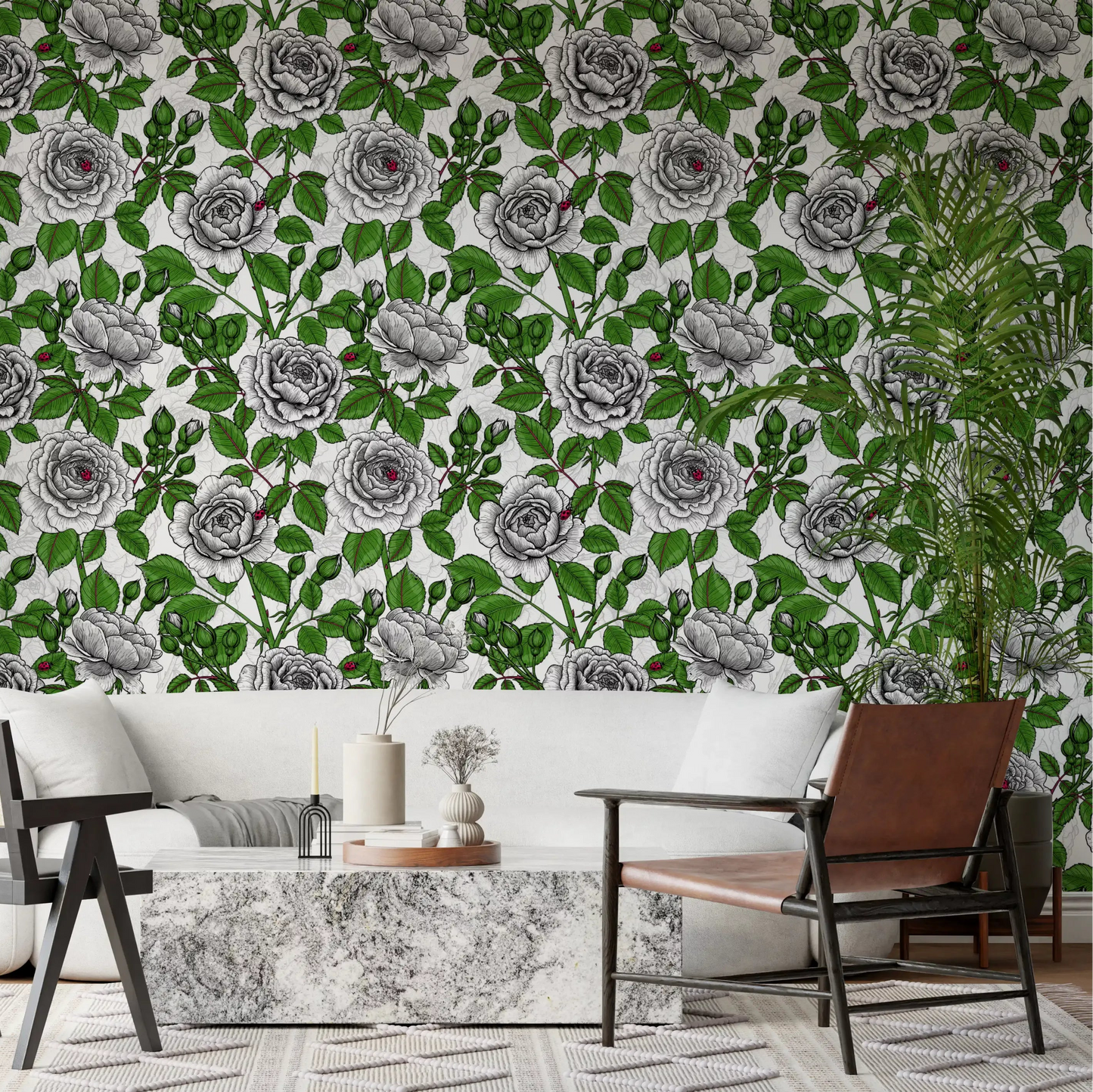 Red ladybird accent on illustrated rose bloom wallpaper with green leaves., GD10398