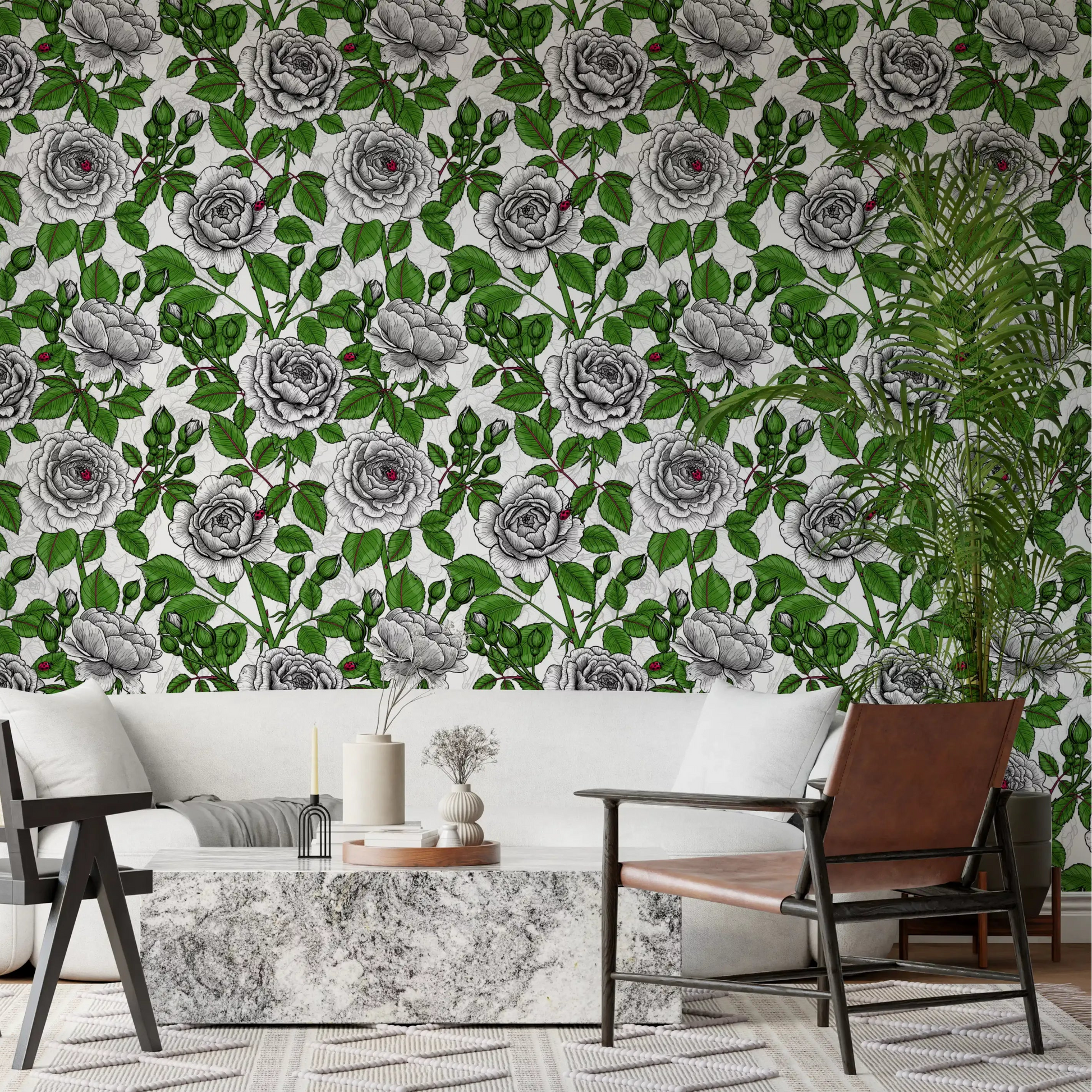 Red ladybird accent on illustrated rose bloom wallpaper with green leaves., GD10398