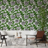 Red ladybird accent on illustrated rose bloom wallpaper with green leaves., GD10398