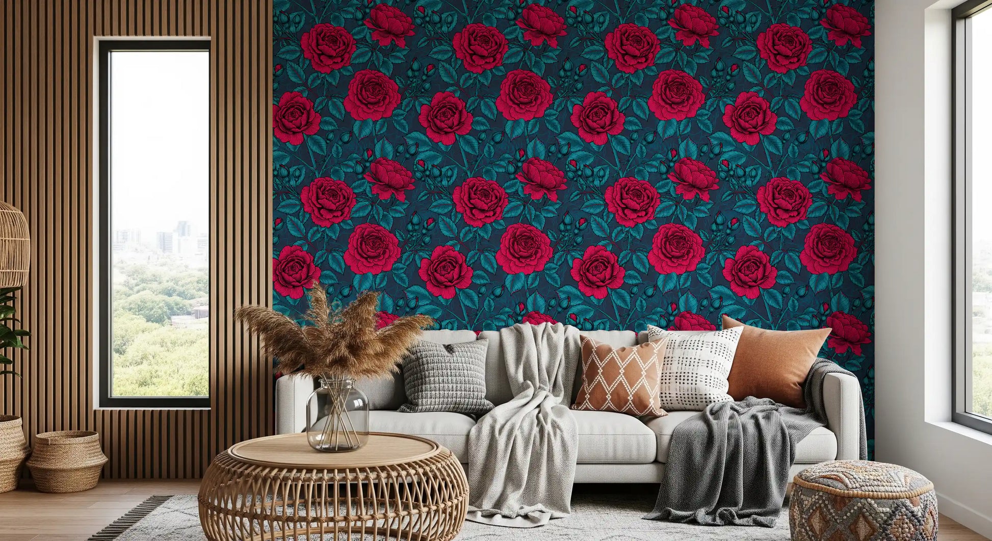 Multiple crimson roses in varying sizes on deep blue botanical wallpaper in living room., GD10399