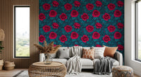 Multiple crimson roses in varying sizes on deep blue botanical wallpaper in living room., GD10399