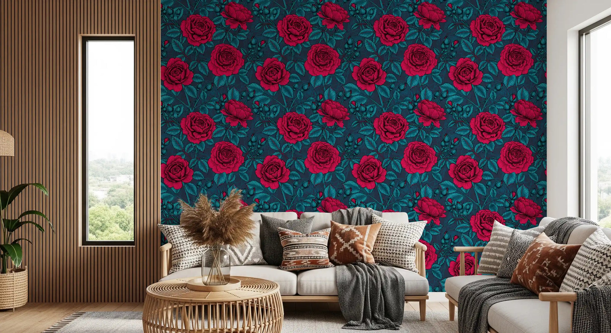 Intricate petal detailing on magenta and red roses wallpaper with teal foliage., GD10399