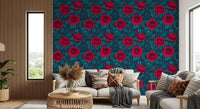 Intricate petal detailing on magenta and red roses wallpaper with teal foliage., GD10399