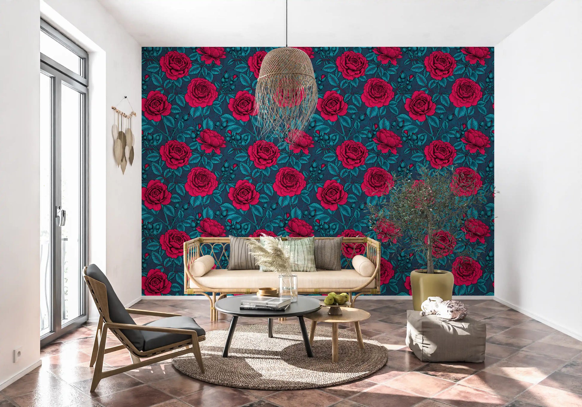 Teal leaves and unopened buds wallpaper with red rose blooms on dark backdrop., GD10399