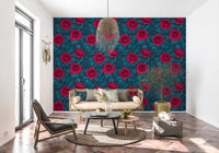 Teal leaves and unopened buds wallpaper with red rose blooms on dark backdrop., GD10399