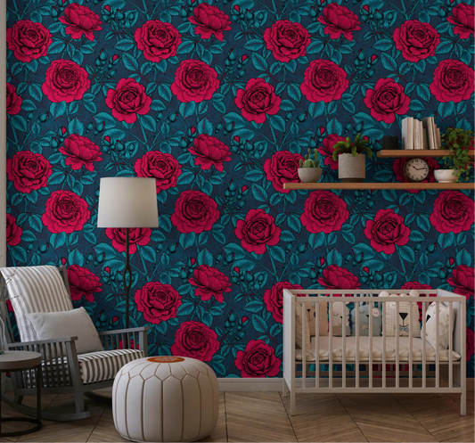 Dark crimson floral wallpaper with teal leaves in a nursery area.