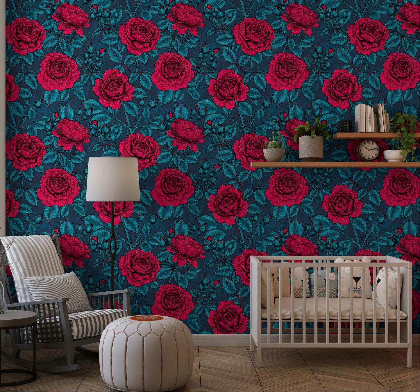 Dark crimson floral wallpaper with teal leaves in a nursery area., GD10399