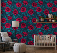 Dark crimson floral wallpaper with teal leaves in a nursery area., GD10399