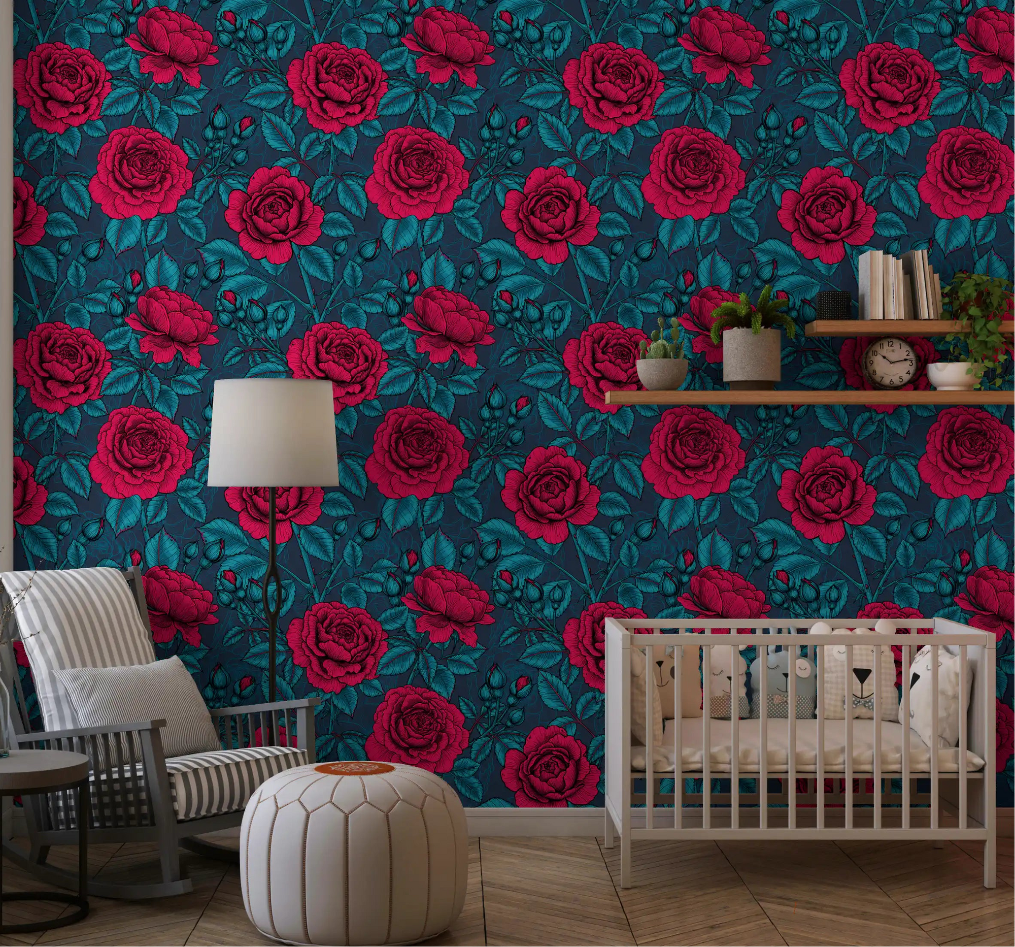 Dark crimson floral wallpaper with teal leaves in a nursery area., GD10399