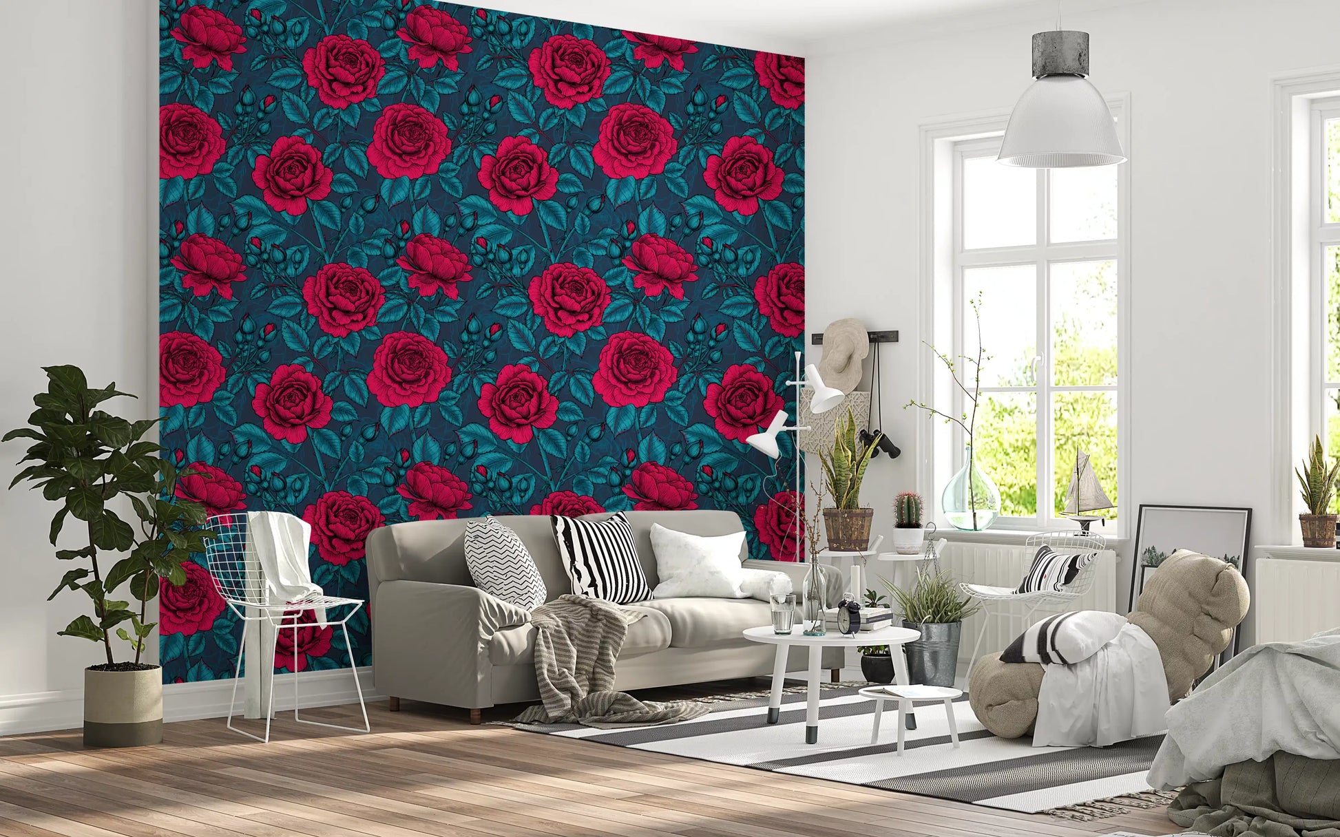 Navy blue background wallpaper showing Bold crimson roses with detailed line work., GD10399