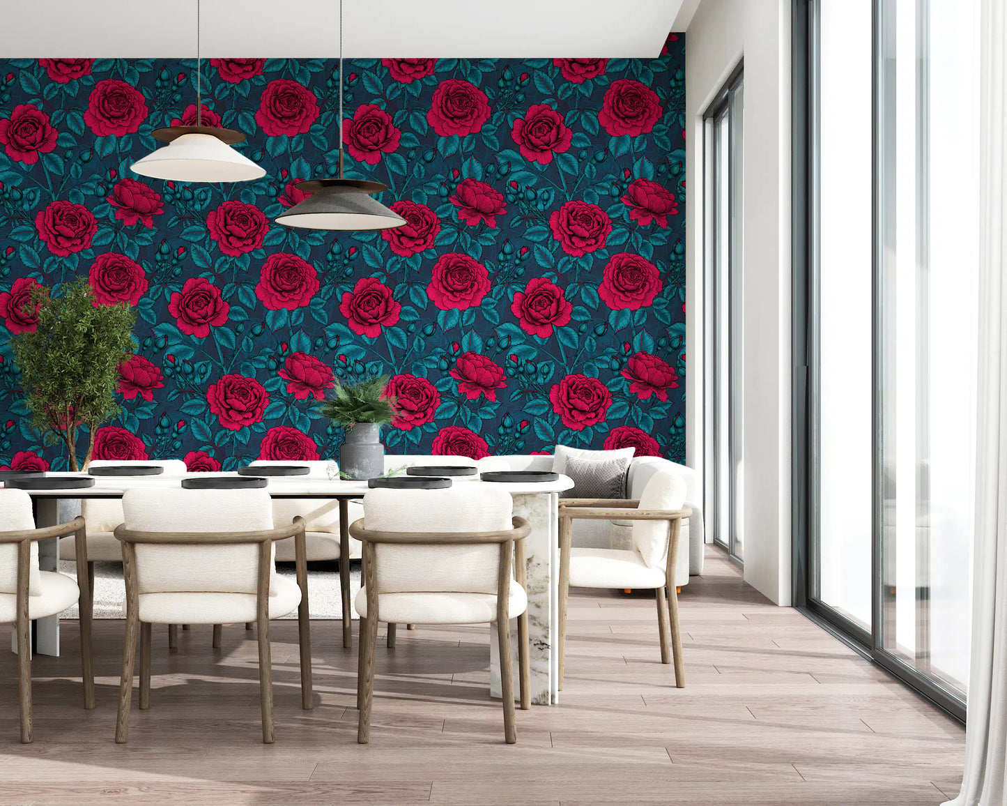 Large illustrated crimson rose bloom wallpaper with cool teal stems and leaves in dining room., GD10399