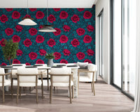 Large illustrated crimson rose bloom wallpaper with cool teal stems and leaves in dining room., GD10399