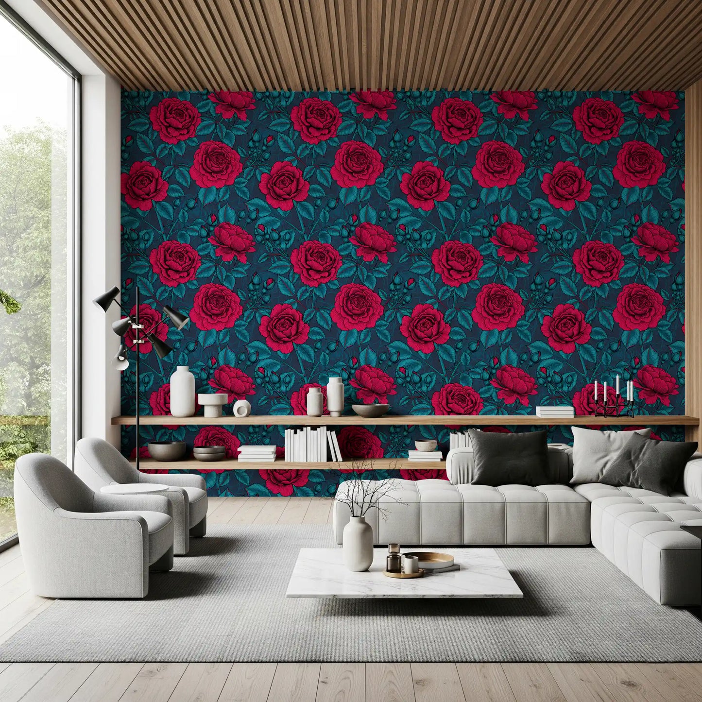Roses and navy background wallpaper with Repeating dark floral pattern in red tone., GD10399