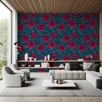 Roses and navy background wallpaper with Repeating dark floral pattern in red tone., GD10399
