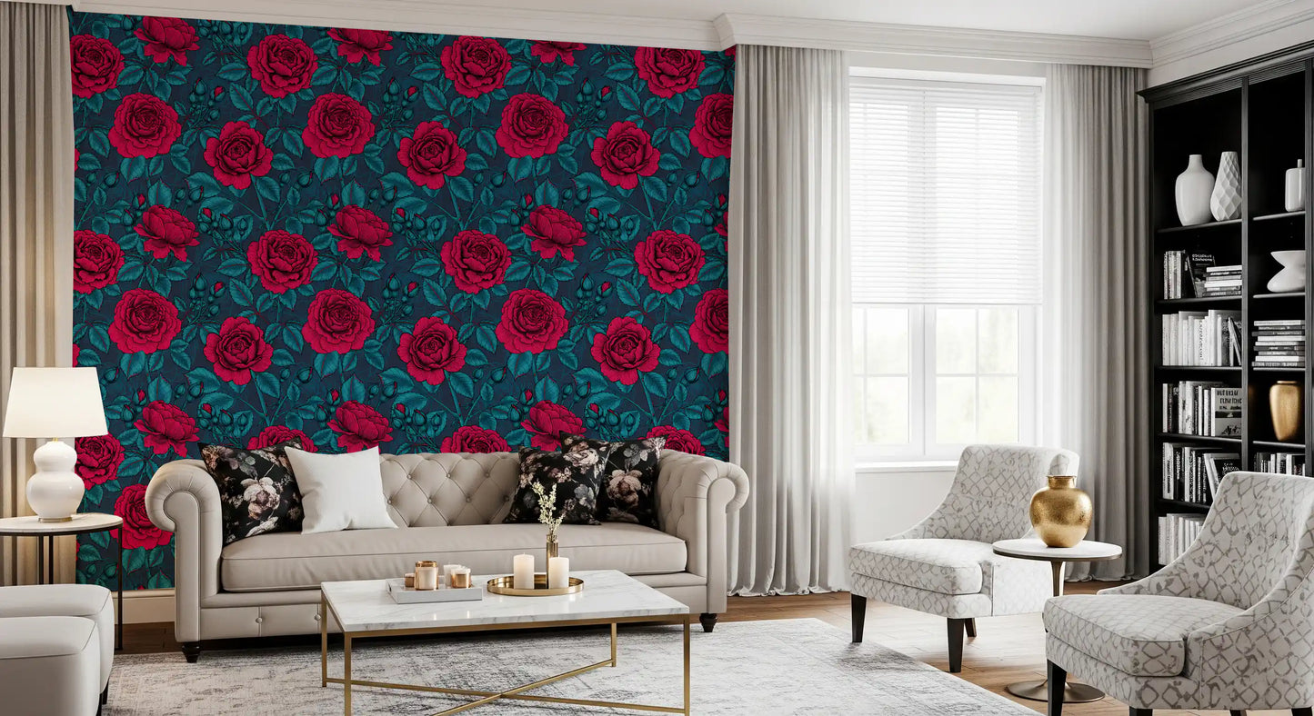 Nocturnal rose garden wallpaper applied in a living room setting., GD10399