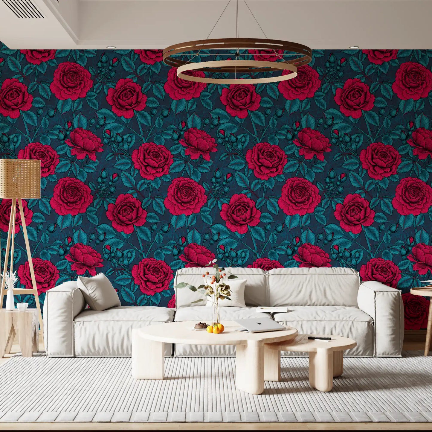 Teal rose buds and stems wallpaper with dark line work on moody blue background., GD10399