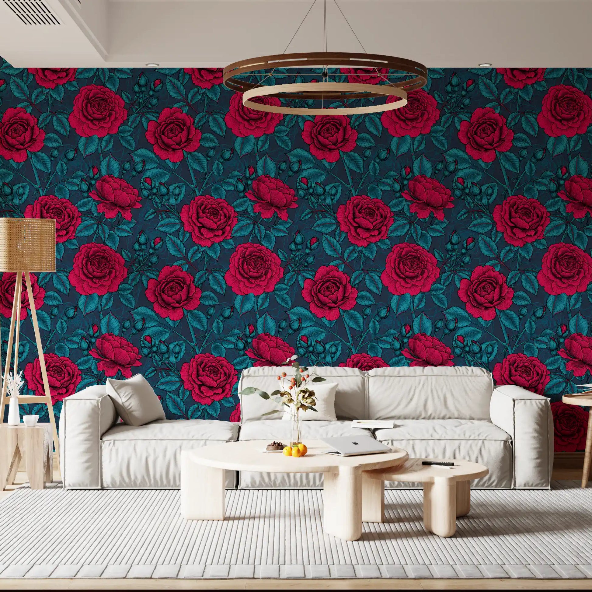 Teal rose buds and stems wallpaper with dark line work on moody blue background., GD10399