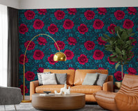 Faintly outlined shadow roses layered behind crimson flowers on navy wallpaper., GD10399