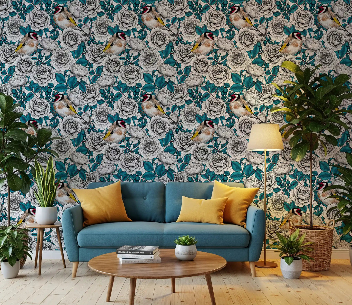 Bird and white rose floral wallpaper applied in a hallway space.