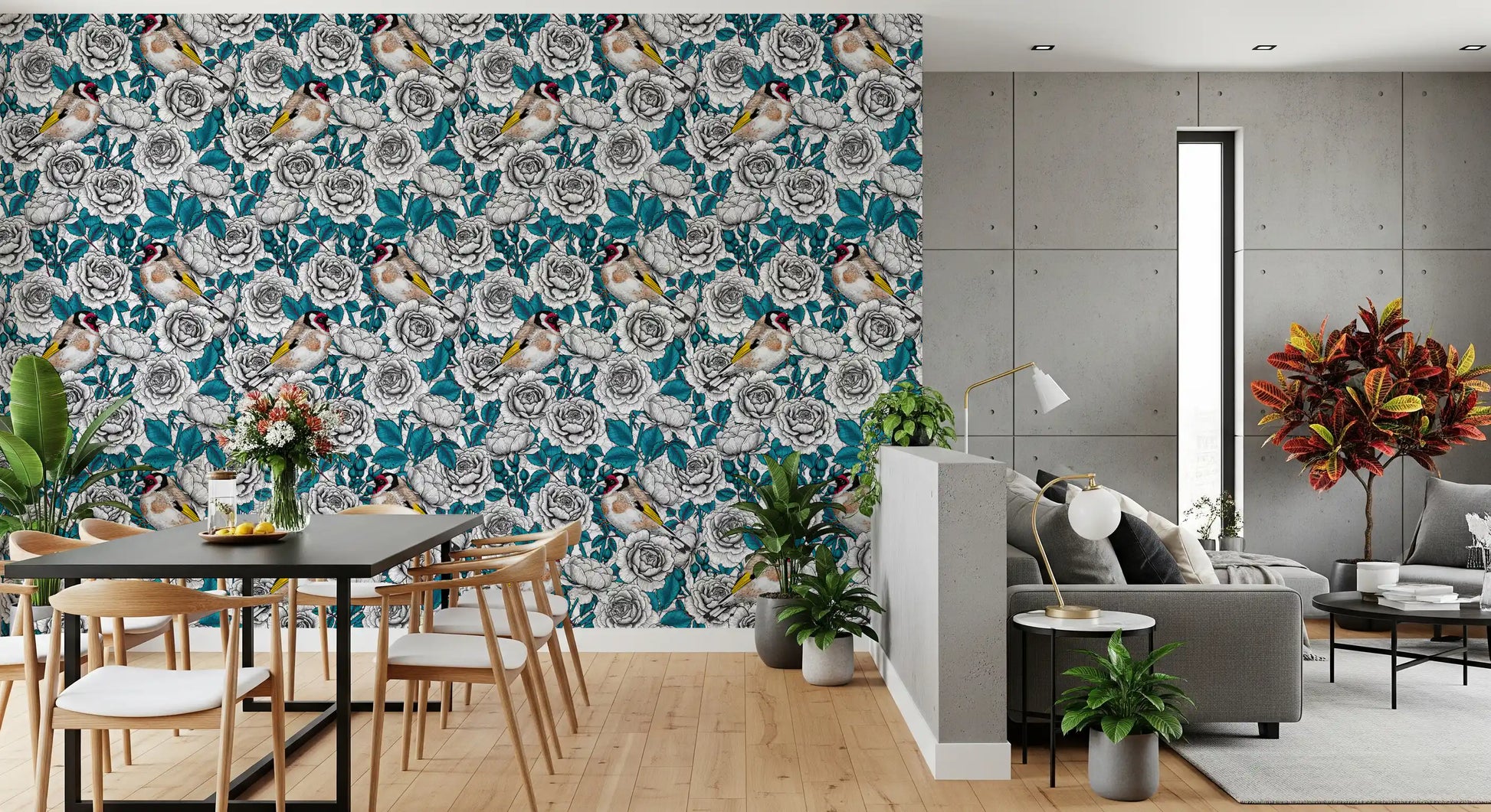 Wallpaper showing Two goldfinch birds sitting among layered white rose petals. 