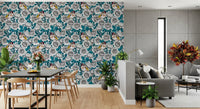 Wallpaper showing Two goldfinch birds sitting among layered white rose petals. 