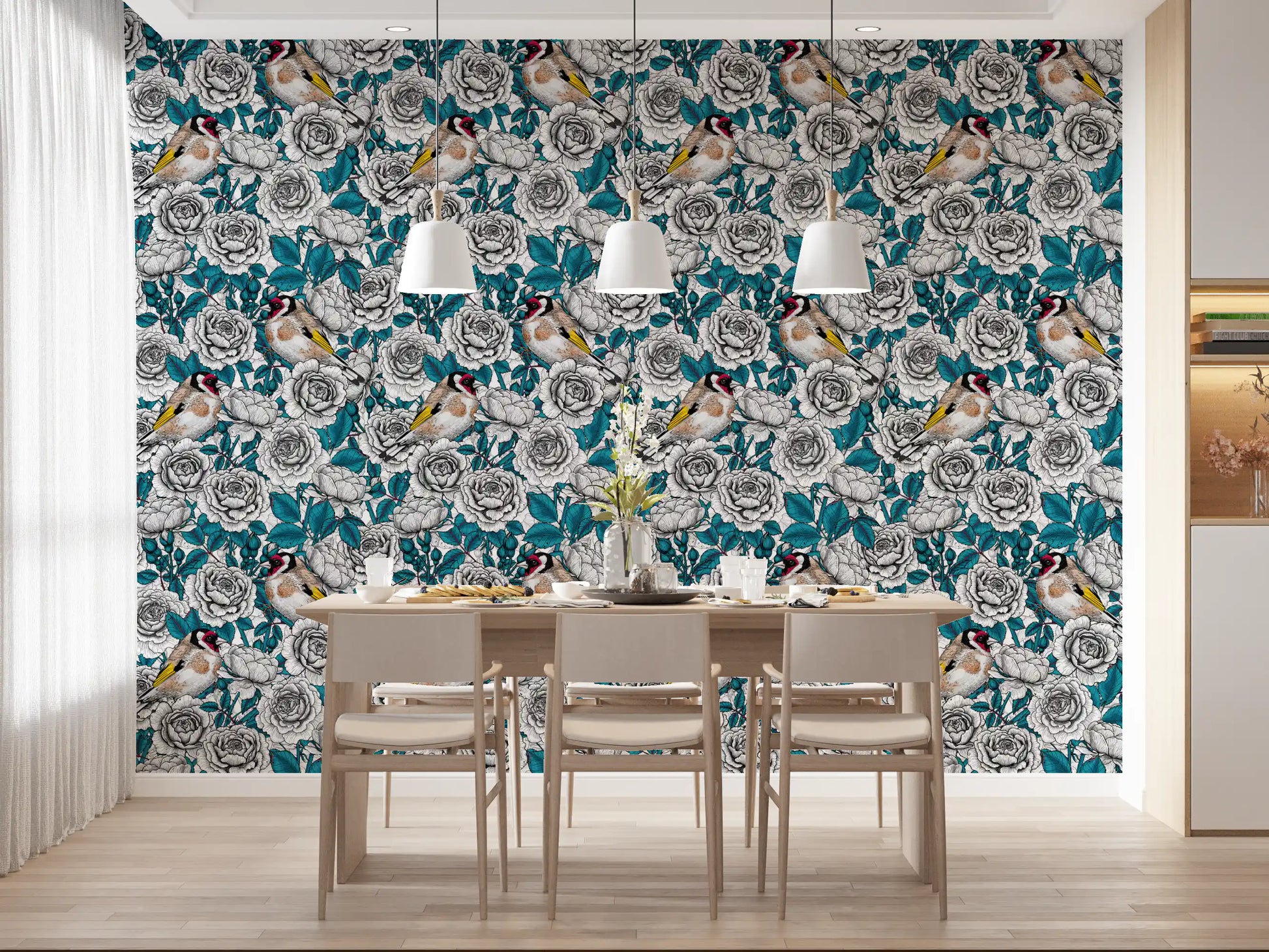 Goldfinch and teal rose garden wallpaper displayed in a dining room setting.