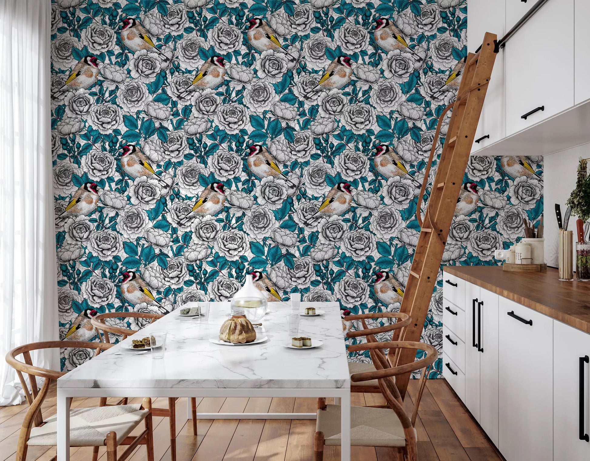 Large white rose bloom with fine grey petal detailing on floral wallpaper.
