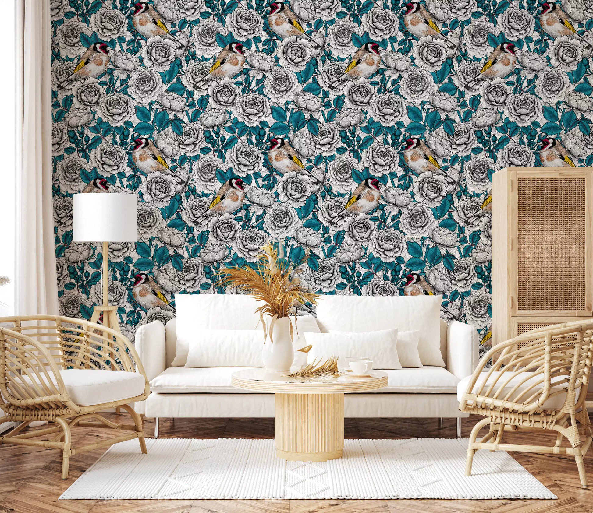 Illustrated rose bloom wallpaper with Teal leaves and unopened buds.
