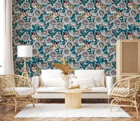Illustrated rose bloom wallpaper with Teal leaves and unopened buds.
