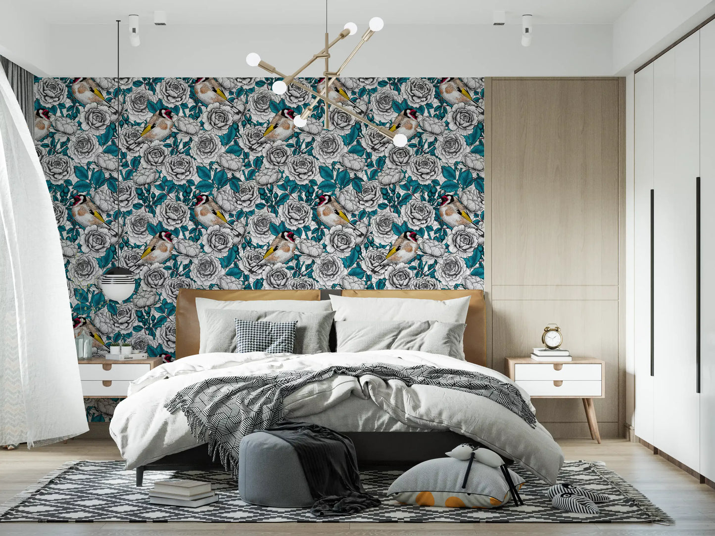 Detailed goldfinch plumage wallpaper with red face patch and yellow wing in bedroom.