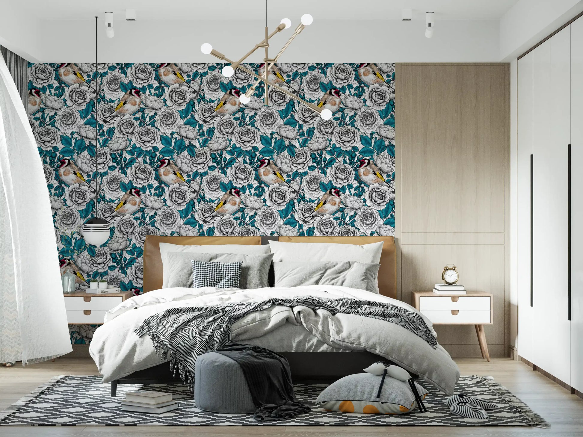 Detailed goldfinch plumage wallpaper with red face patch and yellow wing in bedroom.
