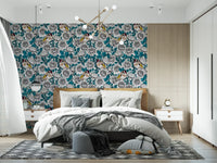 Detailed goldfinch plumage wallpaper with red face patch and yellow wing in bedroom.