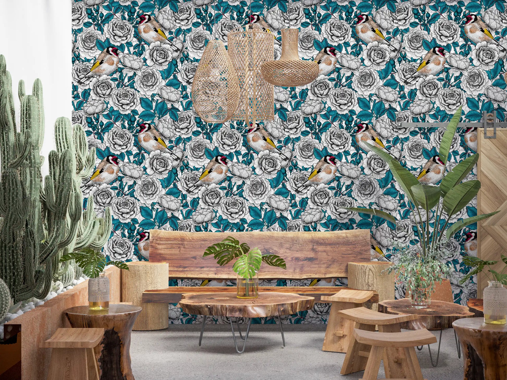 Monochrome white roses wallpaper with black line work and teal foliage pattern.