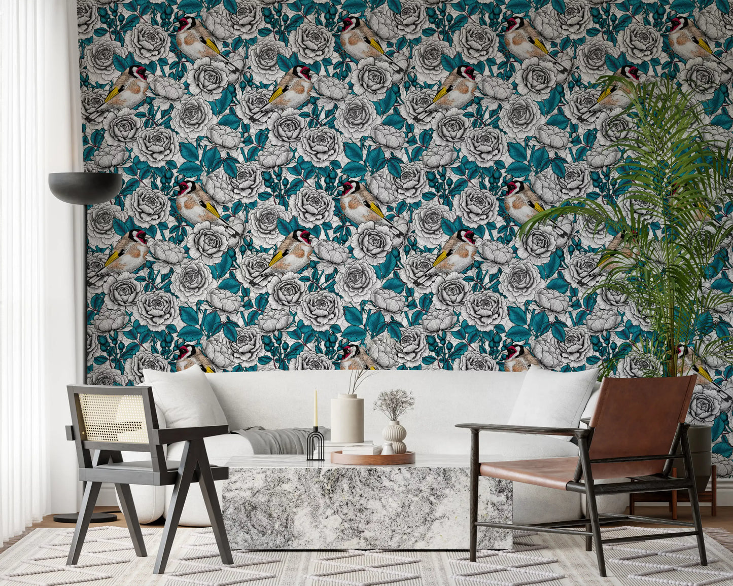 Illustrated goldfinch wallpaper with brown and black feathers on teal leaf backdrop.