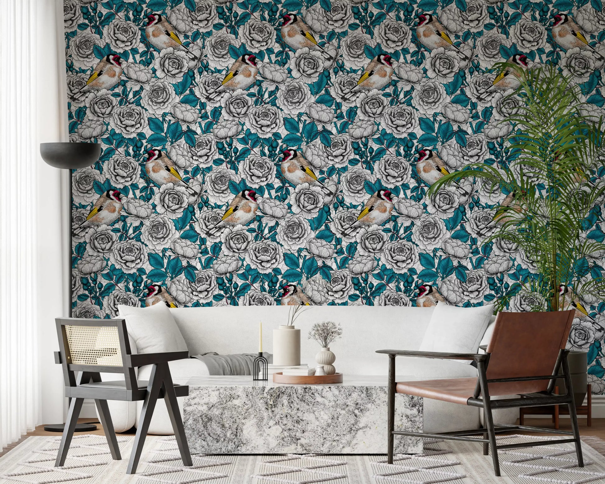 Illustrated goldfinch wallpaper with brown and black feathers on teal leaf backdrop.