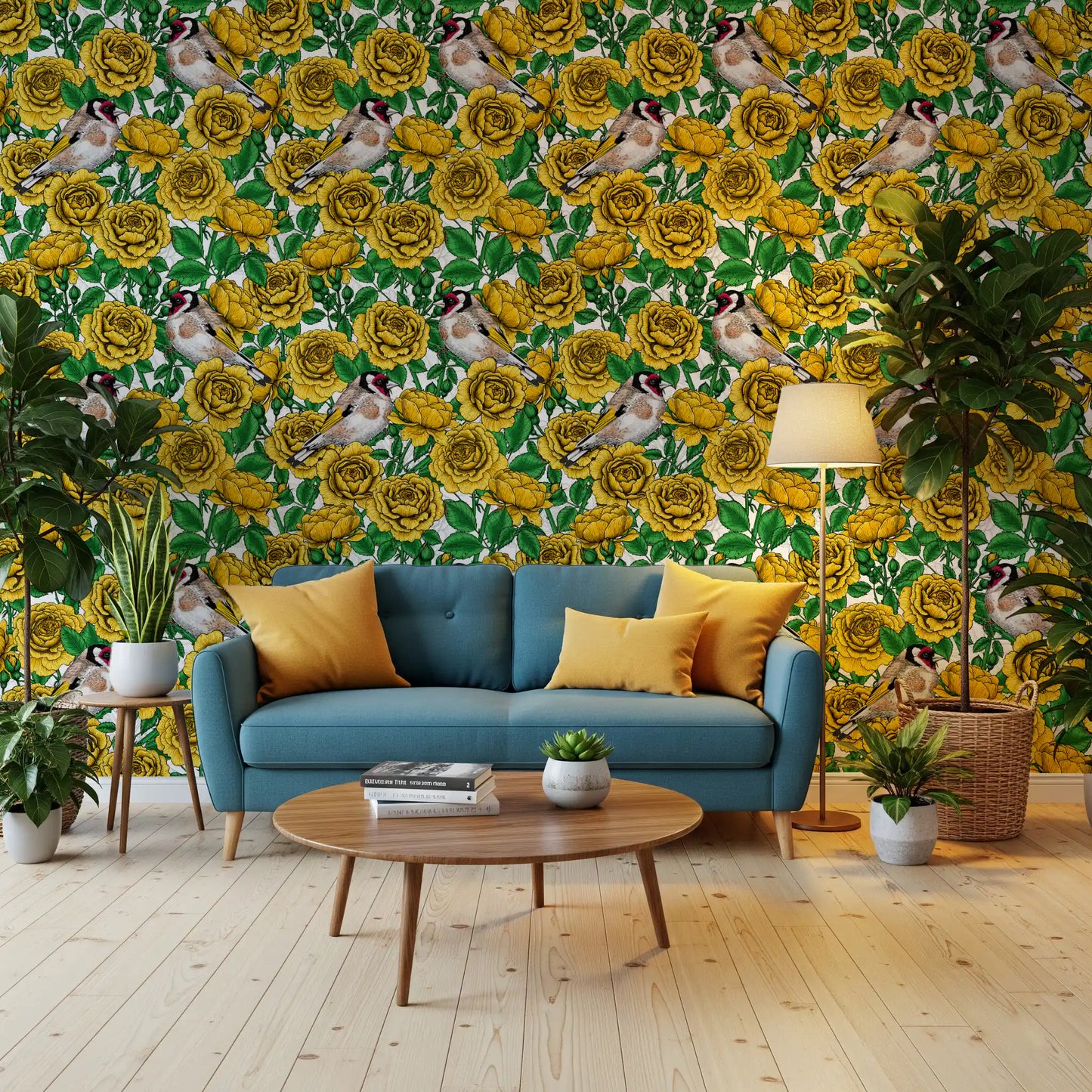Large golden yellow roses wallpaper with fine black line detailing on white background., GD10401