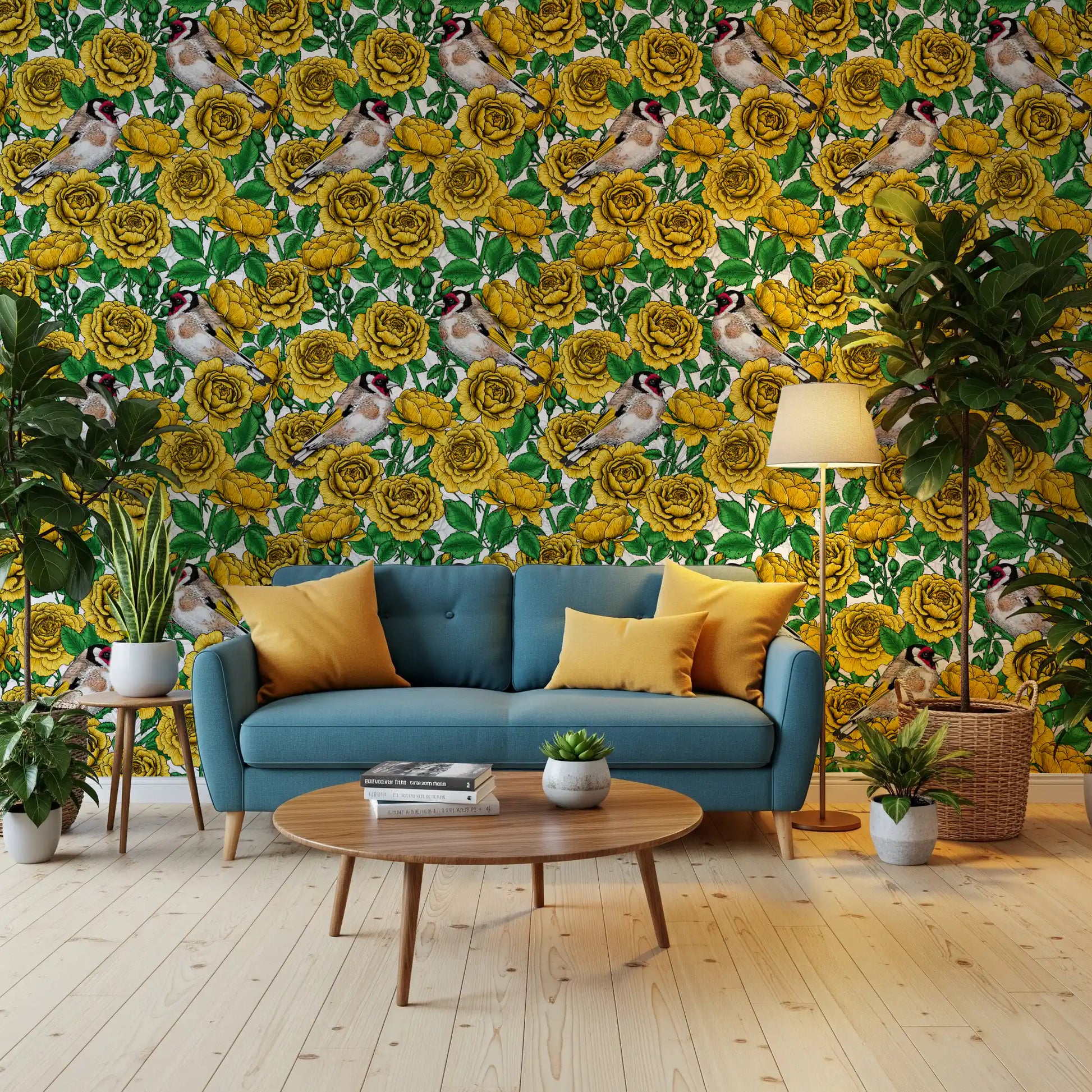 Large golden yellow roses wallpaper with fine black line detailing on white background., GD10401