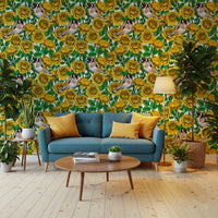 Large golden yellow roses wallpaper with fine black line detailing on white background., GD10401