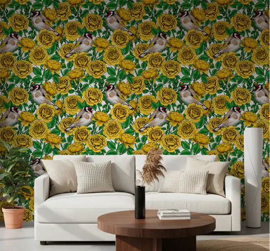 Golden roses and goldfinches wallpaper displayed in a living room.