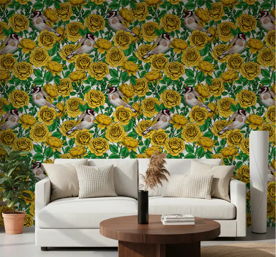 Golden roses and goldfinches wallpaper displayed in a living room., GD10401