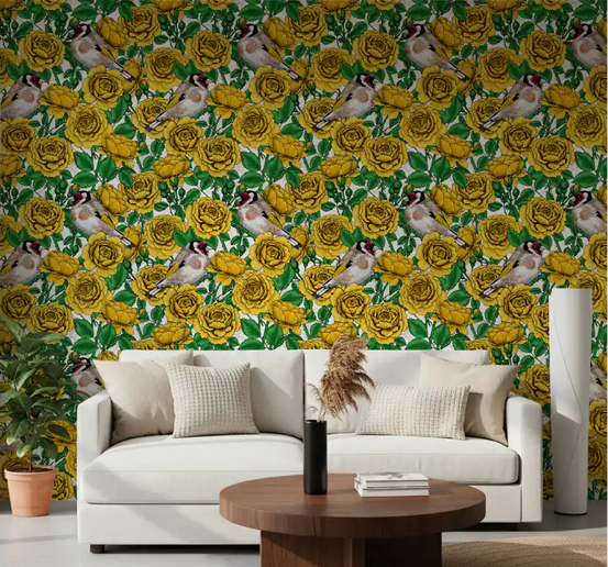 Golden roses and goldfinches wallpaper displayed in a living room., GD10401