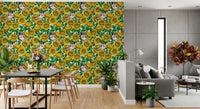 Illustrated goldfinch with brown and black plumage on yellow floral wallpaper, GD10401