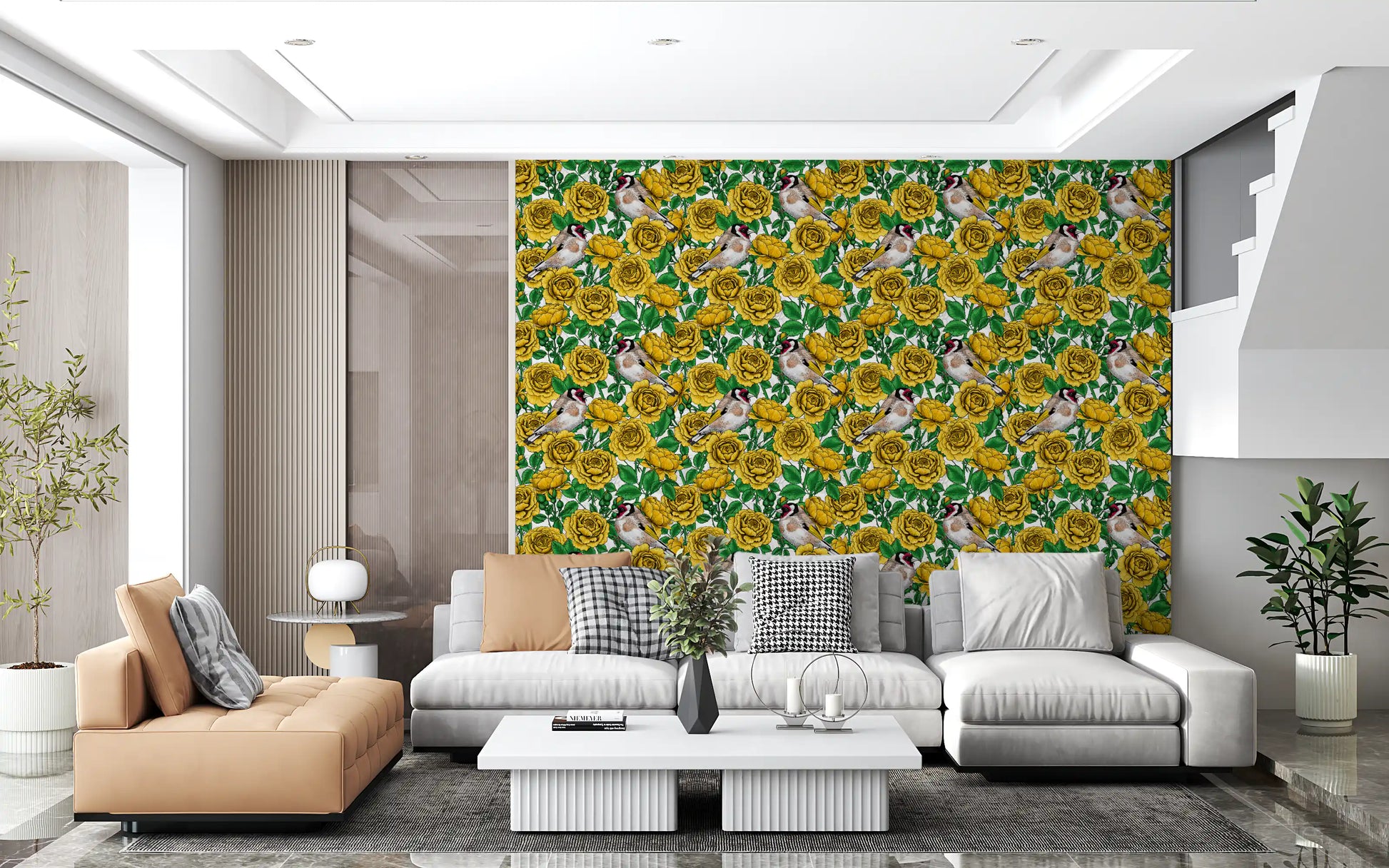 Bright green leaves and stems framing oversized yellow roses wallpaper., GD10401